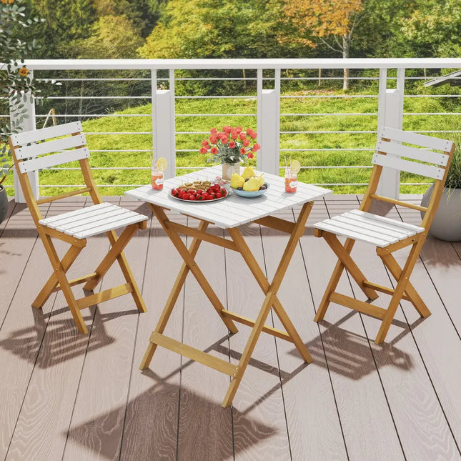 3 Piece Folding Patio Bistro Set with Foldable Design Acacia Wood Porch Chairs and Square Table - Patio Conversation