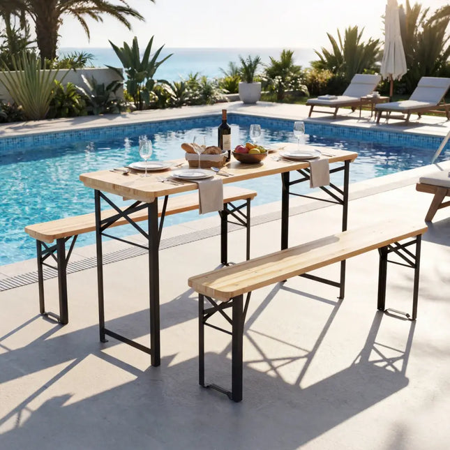 3-Piece Folding Picnic Table with Benches Fir Wood Portable Bear Camping SET-Natural - Black - Patio Dining Sets