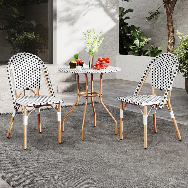 3 Piece French Bistro Table Chair Set with Outdoor Wicker Round Table and 2 Dining Chairs - White - Patio Dining Sets