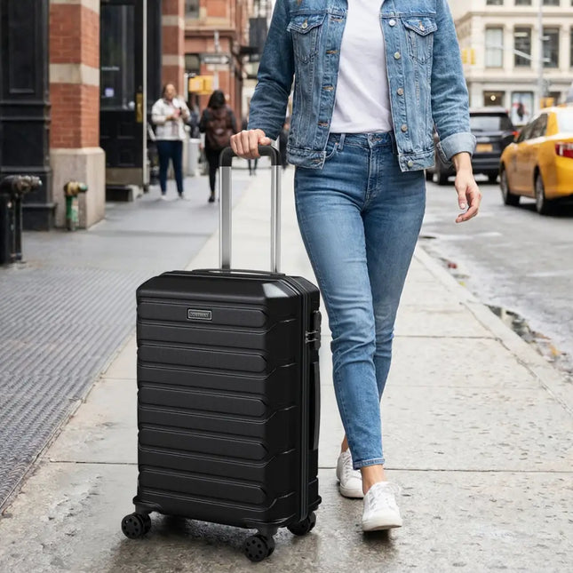 3-Piece Hardside Luggage Set Lightweight Hardside Suitcases with 8-Spinner Wheels-Black - Black - Camping