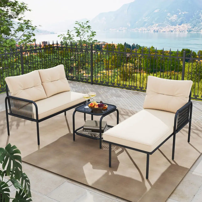 3-Piece L Shaped Patio Furniture Set PE Rattan Sectional Sofas-Beige - Beige - Patio Conversation Sets