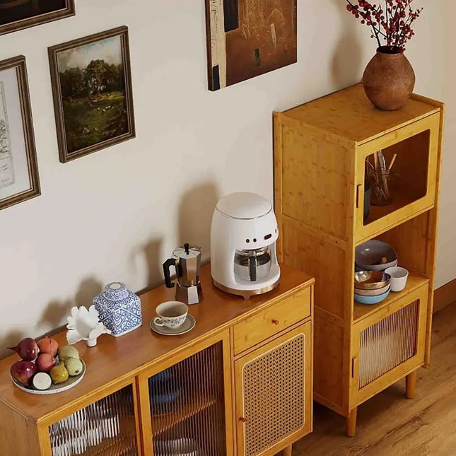 3-Piece Modern Dining Room Set: Wooden Dining Chairs + Bamboo Sideboard Cabinet + Tall Storage Cabinet Costway