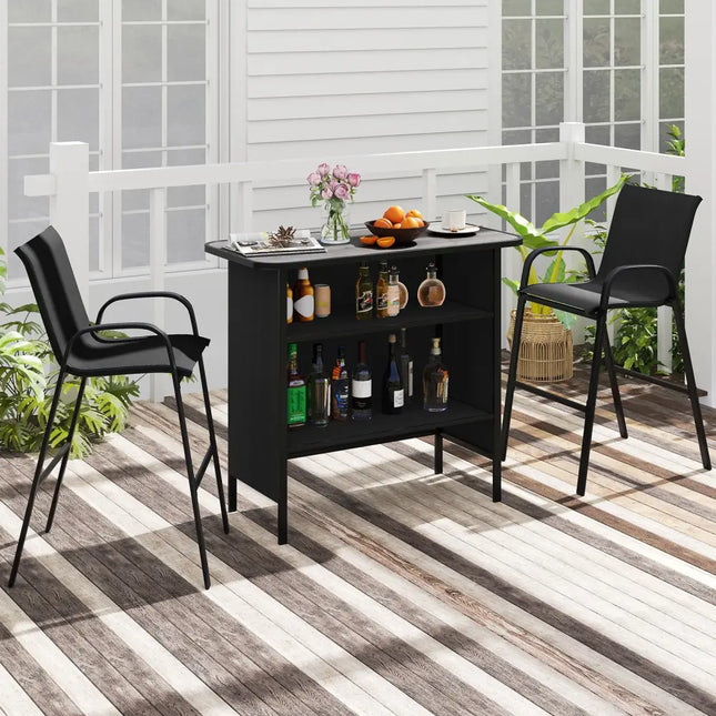 3 Piece Outdoor Bar Set with Footrest and 2-Tier Shelf-Black - Black - Patio Bar Furniture