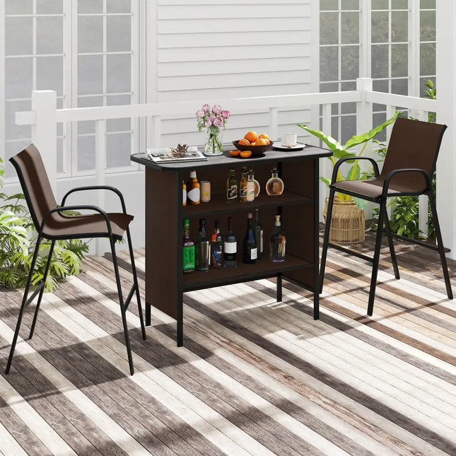 3 Piece Outdoor Bar Set with Footrest and 2-Tier Shelf-Coffee - Coffee - Patio Bar Furniture