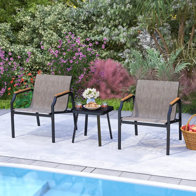 3 Piece Outdoor Chair Set with Breathable Fabric Seat and Armrests-Brown - Brown - Patio Conversation Sets
