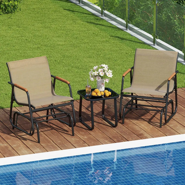 3-Piece Outdoor Glider Bistro Set with Tempered Glass Top and Metal Frame-Coffee - Coffee - Patio Conversation Sets