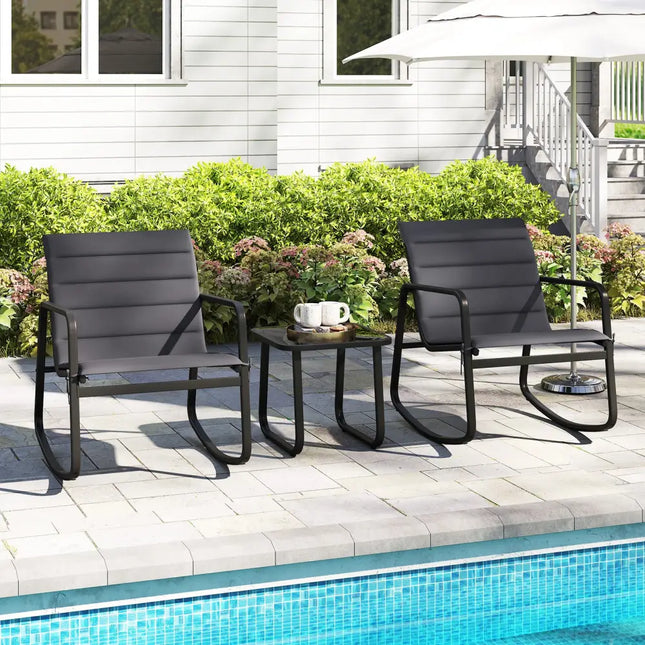 3 Piece Outdoor Rocking Bistro Set Porch Rocker Chairs with Tempered Glass Table-Gray - Gray - Patio Conversation Sets