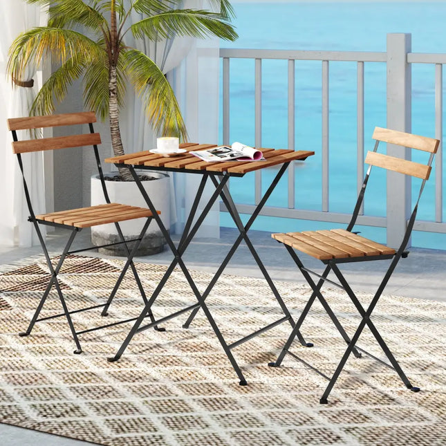 3 Piece Patio Acacia Wood Bistro Set with Slatted Seat and Tabletop-Brown - Brown - Patio Dining Sets