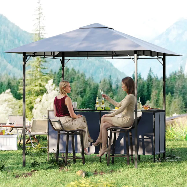 3-Piece Patio Bar Set 8 x 8 FT Double-Tier Grill Gazebo with 2 Bar Stools-Gray - Gray - Patio Bar Furniture