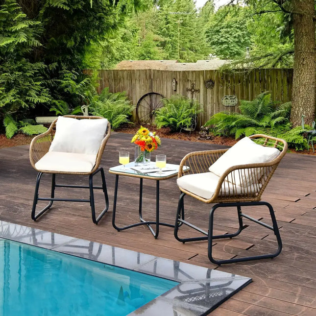 3-Piece Patio Bistro Set with 2 Rattan Chairs and Square Glass Coffee Table-White - White - Patio Conversation Sets