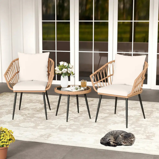 3 Piece Patio Bistro Set with PE Rattan Wicker Chairs and Tempered Glass Coffee Table-Natural - Natural - Patio