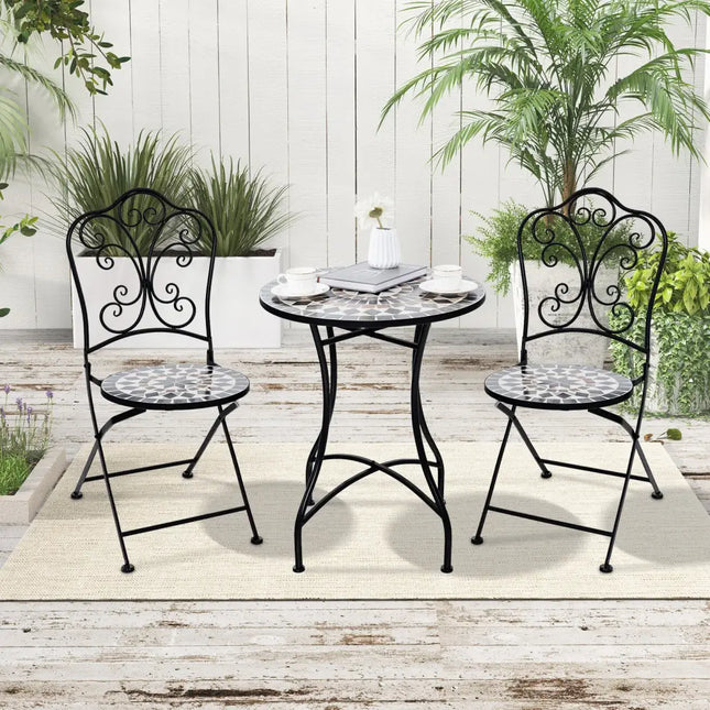 3 Piece Patio Bistro Set with Round Table and 2 Folding Chairs - Gray - Patio Dining Sets