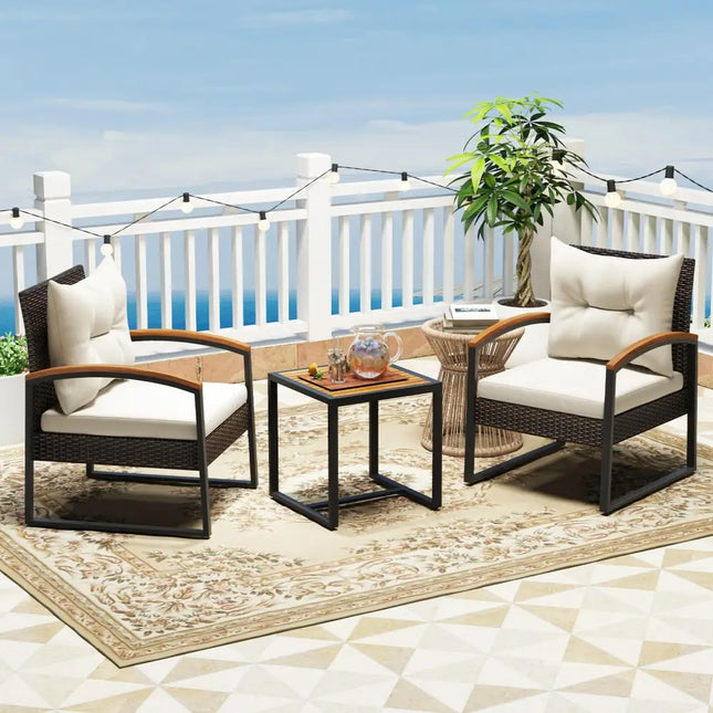 3 Piece Patio Conversation Set with Solid Acacia Wood Armrests and Tabletop-White - White - Patio Conversation Sets