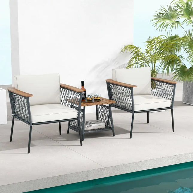 3 Piece Patio Furniture Set Rattan Chair Set with 2-Tier Coffee Table-White - White - Patio Conversation Sets