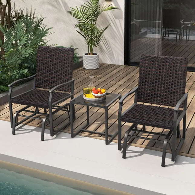 3 Piece Patio Gliding Set with Tempered Glass Coffee Table All Weather-Brown - Brown - Patio Conversation Sets