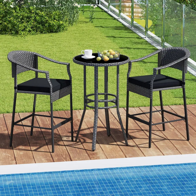 3-Piece Patio Rattan Bar Set with Tempered Glass Top for Backyard Poolside-Gray - Gray - Patio Bar Furniture