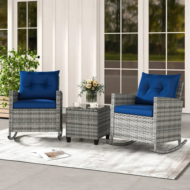 3-Piece Patio Rattan Roker Chairs with Tempered Glass Table and Soft Cushions-Dark Blue - Dark Blue - Patio