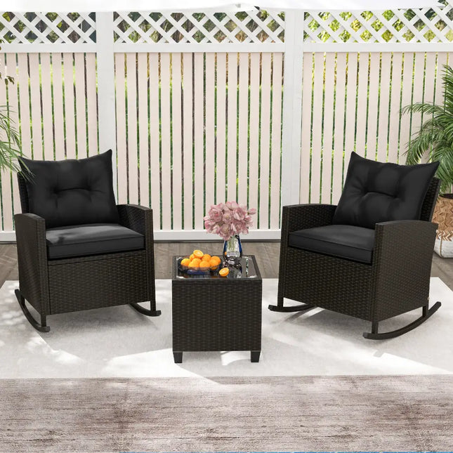 3-Piece Patio Rattan Roker Chairs with Tempered Glass Table and Soft Cushions-Black - Black - Patio Conversation Sets