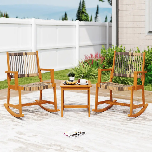3 Piece Patio Rocking Set Acacia Wood Rocker Bistro Set with Rattan Seat and Back - Brown - Patio Conversation Sets