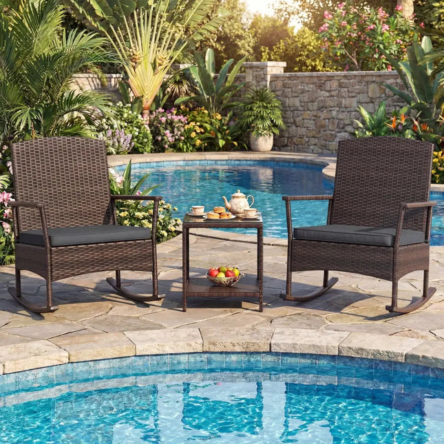 3 Piece Patio Rocking Set Wicker Rocking Chairs with 2-Tier Coffee Table-Gray - Gray - Patio Conversation Sets