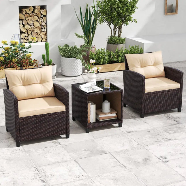 3 Piece Patio Sofa Set Wicker Chairs and Coffee Table with Storage-Beige - Beige - Patio Conversation Sets