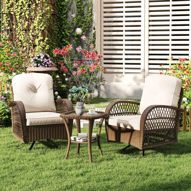 3 Piece Patio Swivel Rocker Set with Tempered Glass Side Table and Thick Cushions-White - White - Patio Rocking Chairs