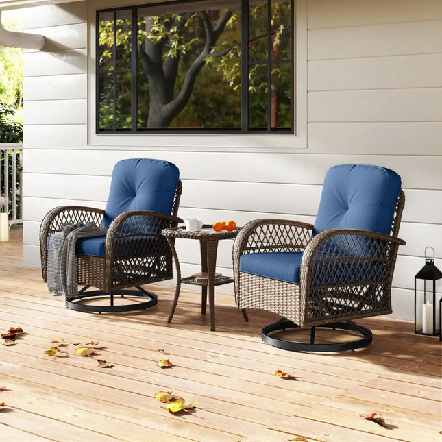 3 Piece Patio Swivel Rocker Set with Tempered Glass Side Table and Thick Cushions-Navy - Navy - Patio Rocking Chairs &