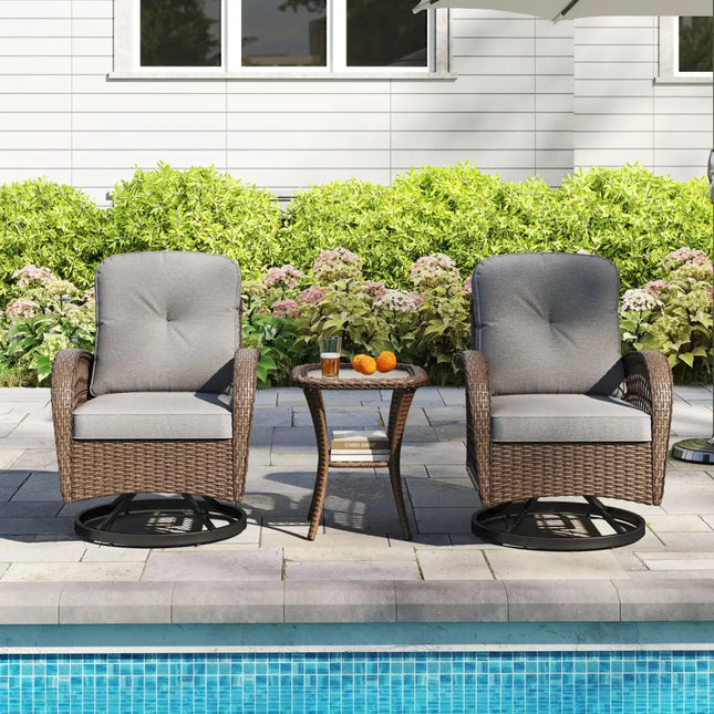 3 Piece Patio Swivel Rocker Set with Tempered Glass Side Table and Thick Cushions-Gray - Gray - Patio Rocking Chairs &