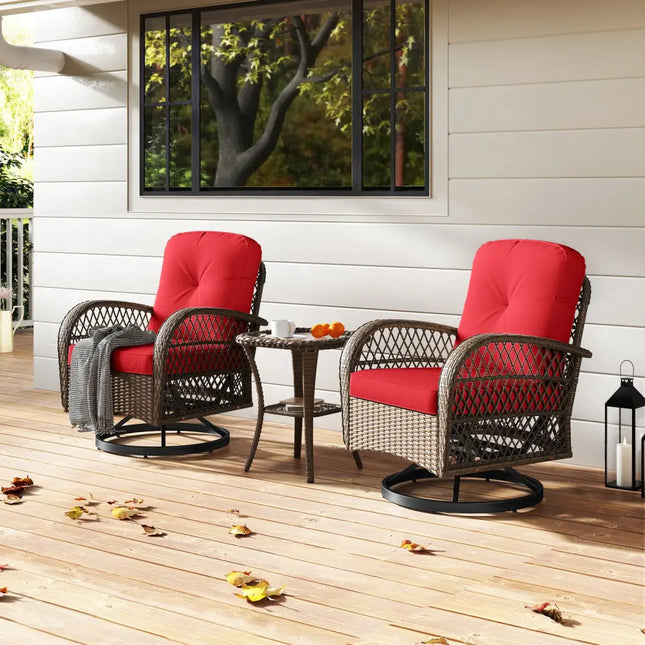 3 Piece Patio Swivel Rocker Set with Tempered Glass Side Table and Thick Cushions-Red - Red - Patio Rocking Chairs &