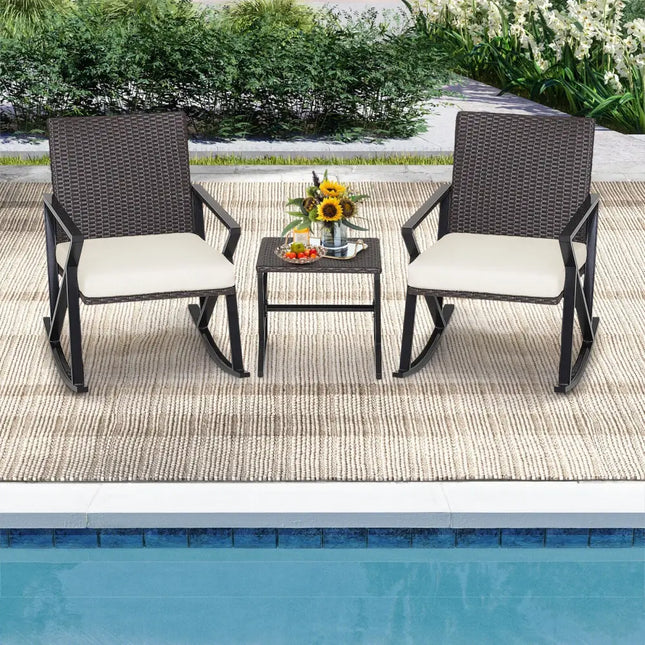 3 Piece Patio Wicker Rocking Chairs Set with Heavy-Duty Metal Frame - Brown - Patio Conversation Sets