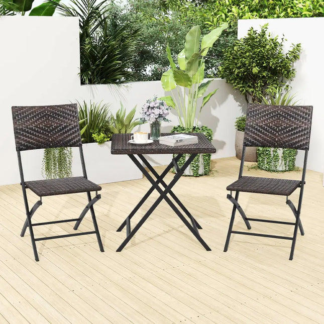 3 Piece Rattan Bistro Set Outdoor Folding Dining Table and Chairs with Wicker Seat - Patio Conversation Sets