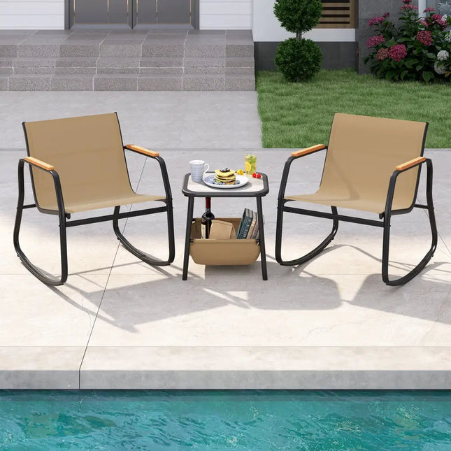 3 Piece Rocking Bistro Chairs and Side Table Set with Storage Bag-Brown - Brown - Patio Furniture Sets