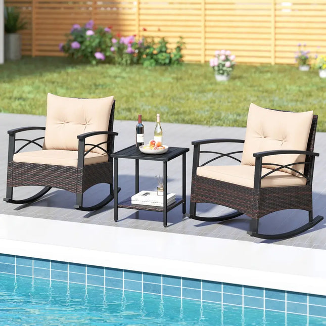 3 Piece Rocking Bistro Set PE Rattan Rocker Chairs with Acacia Wood Top Table-Beige - Beige - Patio Conversation Sets