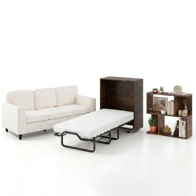 3-Piece Space-Saving Living Room with Teddy Sofa Display Bookshelf & Foldable Murphy Bed - Folding Beds