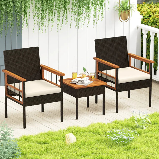 3 Piece Wicker Furniture Set with Acacia Wood Tabletop and Armrest for Balcony-White - White - Patio Conversation Sets