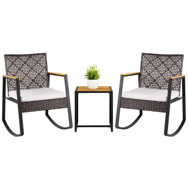 3-Piece Wicker Rocking Chair Set with Coffee Table and Cushions for Porch-Beige - Beige - Patio Conversation Sets