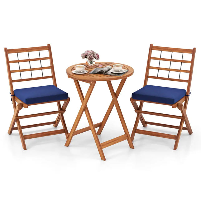 3 Pieces Acacia Wood Patio Bistro Set with Cushions-Navy - Navy - Patio Conversation Sets