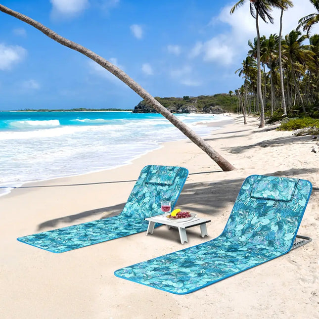 3 Pieces Beach Lounge Chair Mat Set 2 Adjustable Lounge Chairs with Table Stripe-Green - Green - Beach & Lawn Chairs