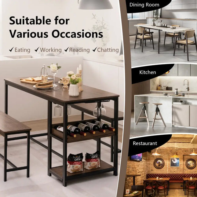 3 Pieces Dining Table Set for 4 with Wine Rack-Brown Costway