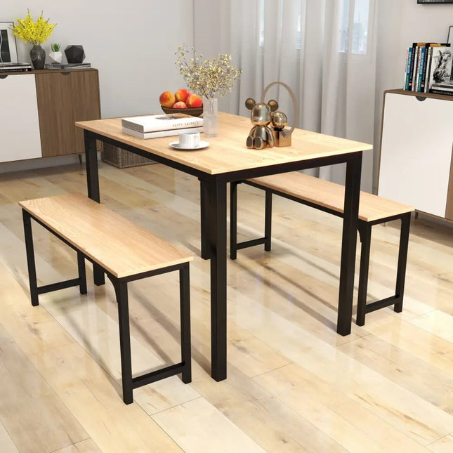 3 Pieces Dining Table Set with 2 Benches for Dining Room Kitchen Bar-Natural Costway