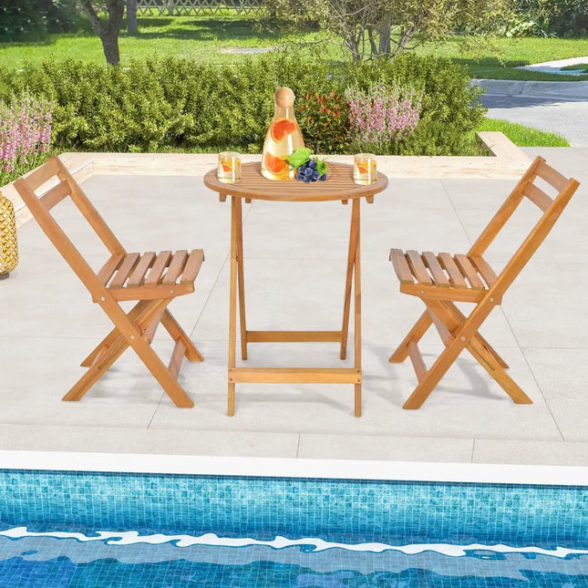3 Pieces Folding Patio Bistro Set with Slatted Tabletop - Natural - Patio Conversation Sets