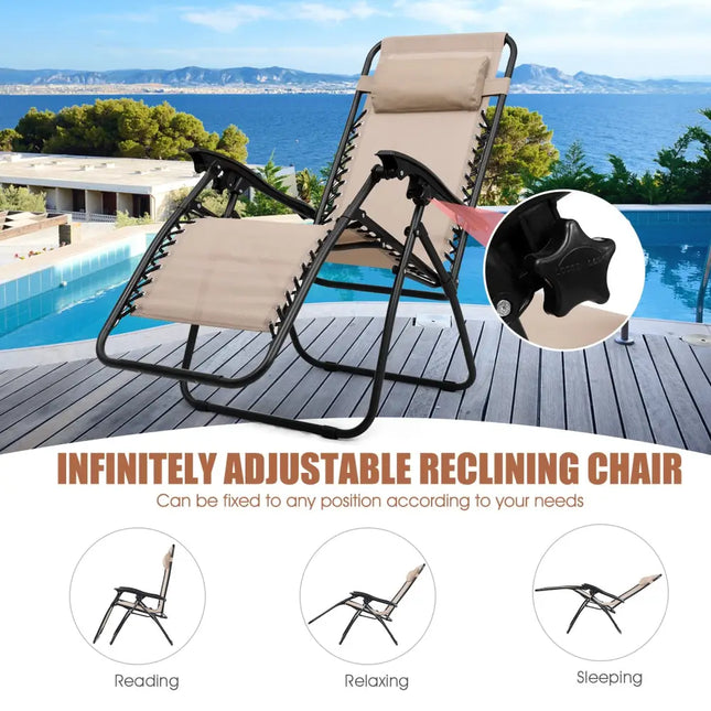 3 Pieces Folding Portable Zero Gravity Reclining Lounge Chairs Table Set-Beige - Beige - Patio Conversation Sets