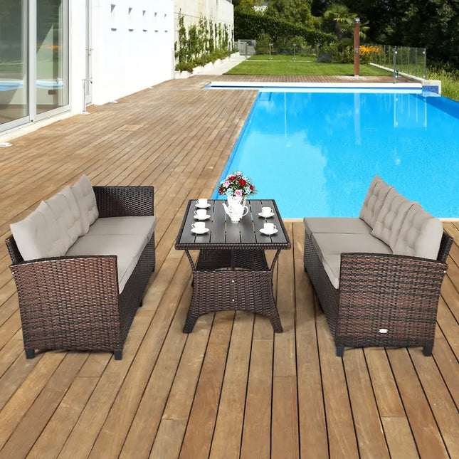 3 Pieces Hand-Woven Rattan Outdoor Sofa Set with Dining Table - Brown - Outdoor Sectionals