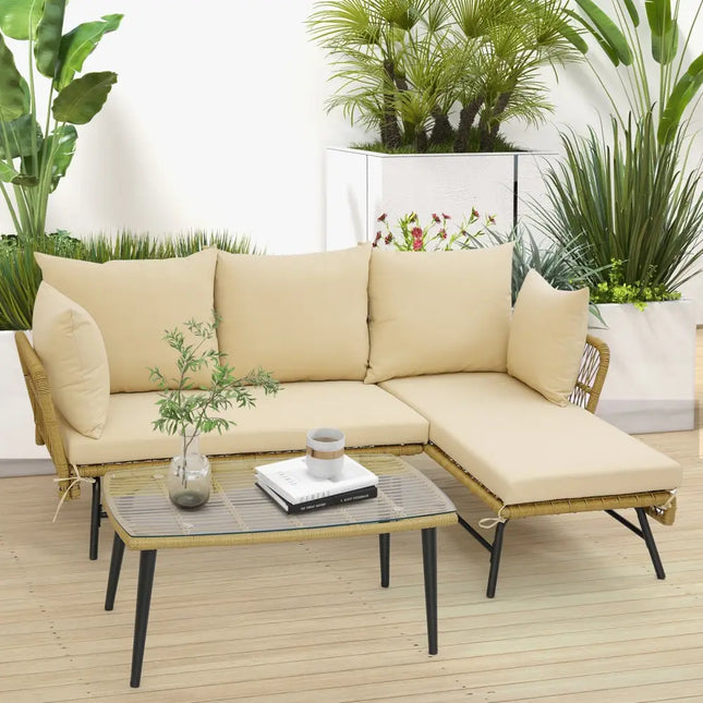 3 Pieces L-Shaped Patio Sofa with Cushions and Tempered Glass Table-Beige - Beige - Patio Conversation Sets