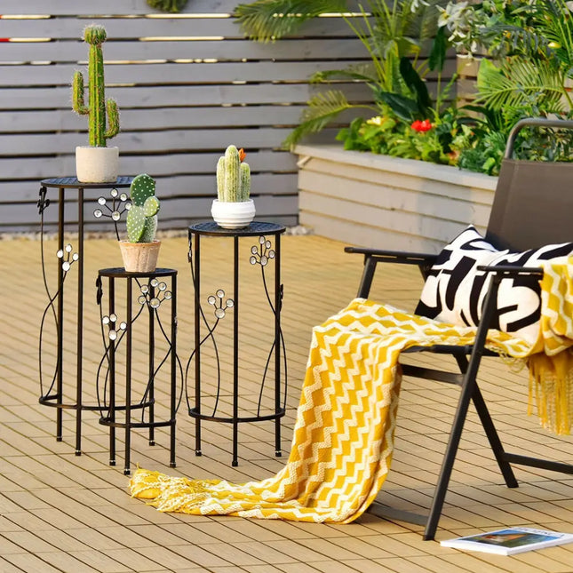 3 Pieces Metal Plant Stand Set with Crystal Floral Accents Round-Black - Black - Plant Stands