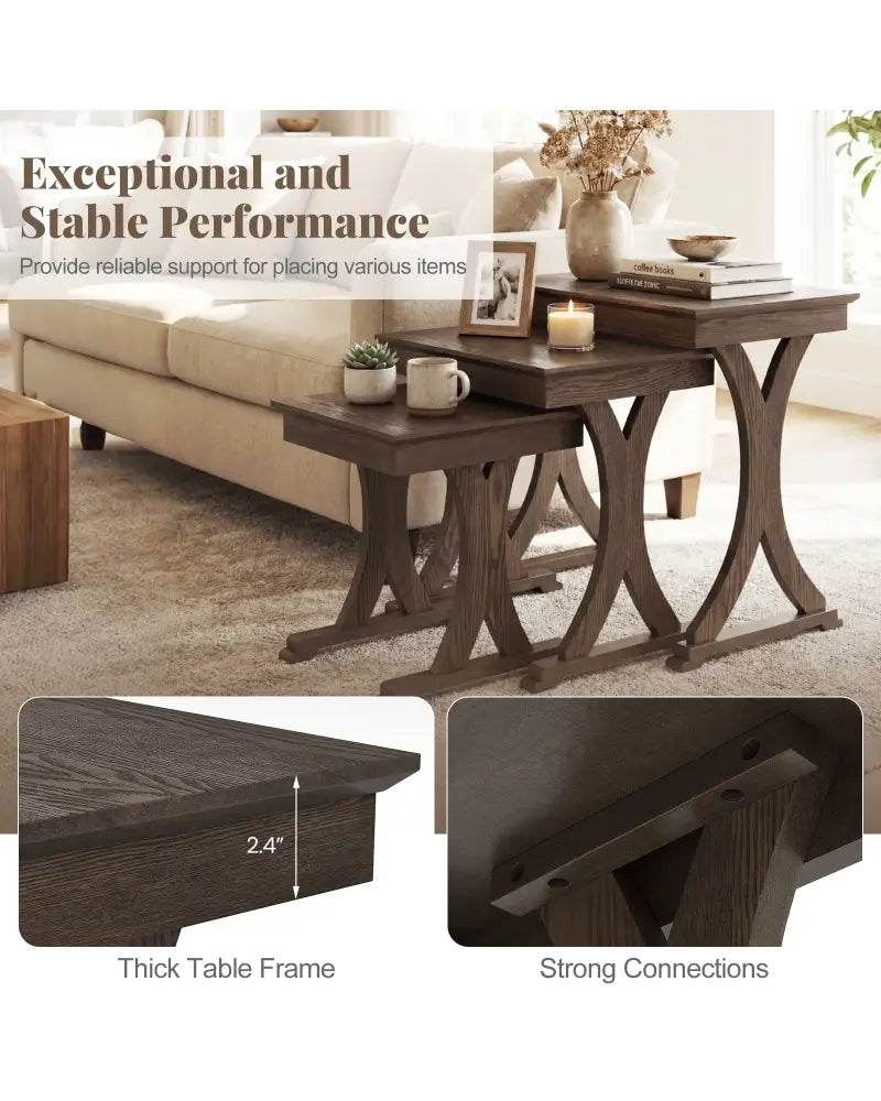 3 Pieces Nesting Coffee Table Side Table with Solid Rubber Wood Legs-Brown - Brown - End & Side Tables