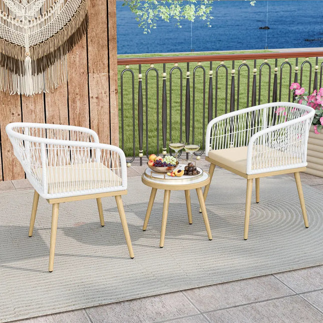 3 Pieces Outdoor Bistro PE Wicker Conversation Furniture Set-White - White - Patio Conversation Sets