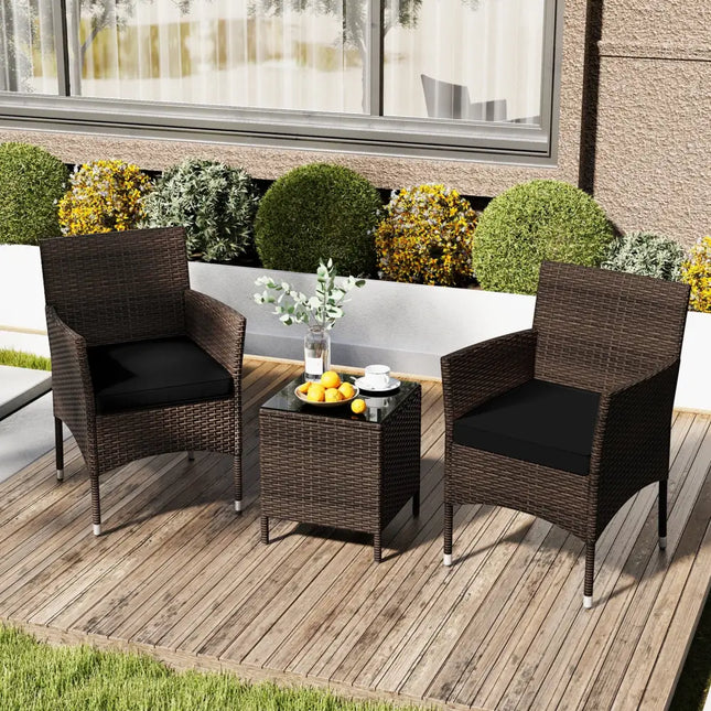 3 Pieces Outdoor Conversation Set with Cushioned Seat and Glass Tabletop-Black - Black - Patio Conversation Sets