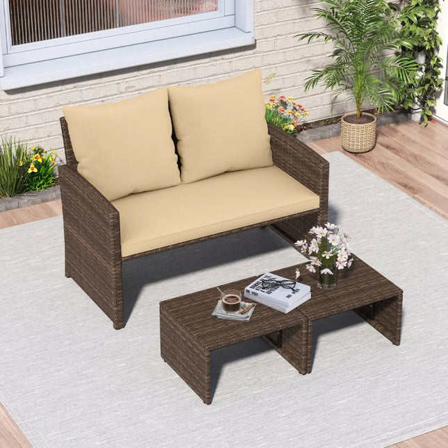3 Pieces Outdoor Patio PE Wicker Furniture Set with Cushions-Beige - Beige - Patio Conversation Sets