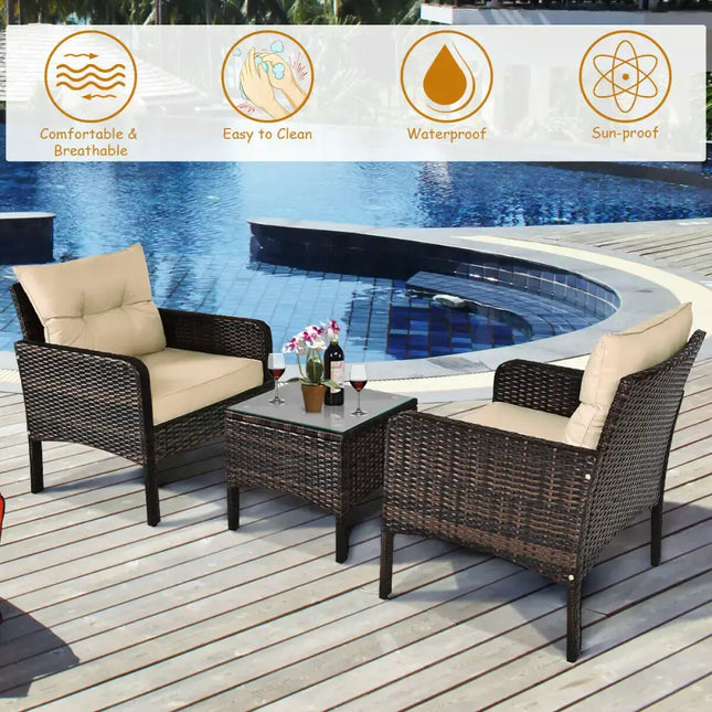 3 Pieces Outdoor Patio Rattan Conversation Set with Seat Cushions-Beige - Beige - Patio Conversation Sets